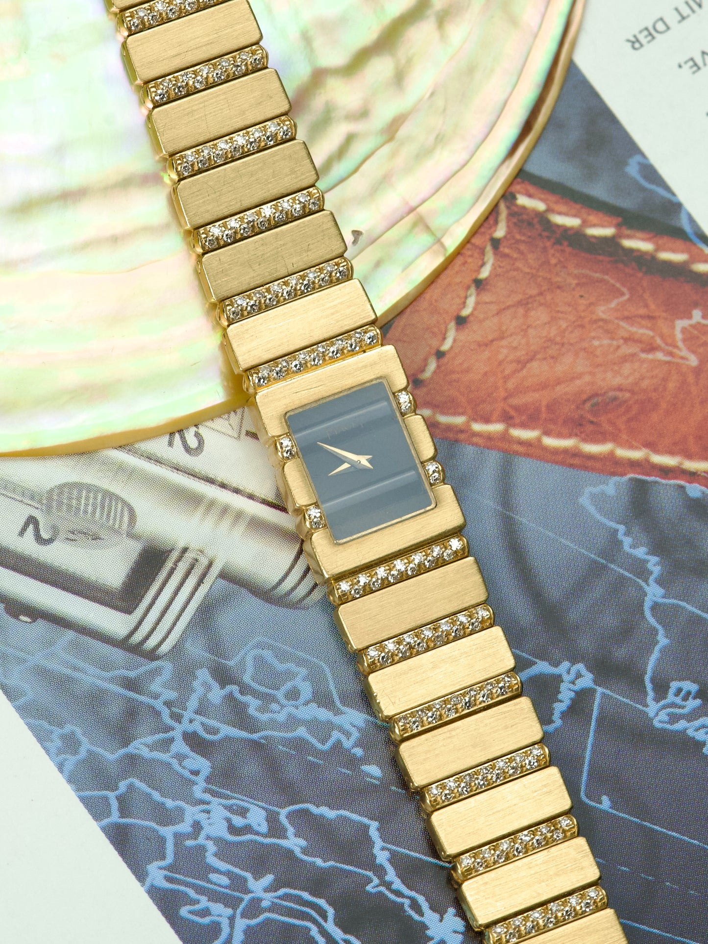 80s Piaget Polo 15201 C705 Onyx 18 Carat Gold lady diamonds iced out