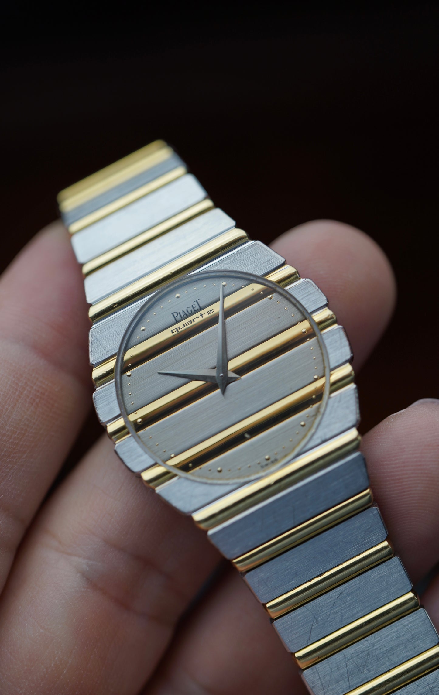 1980s Piaget Polo 791 C701 Deux Ors 18 Carat White Yellow Gold Vintage Watch