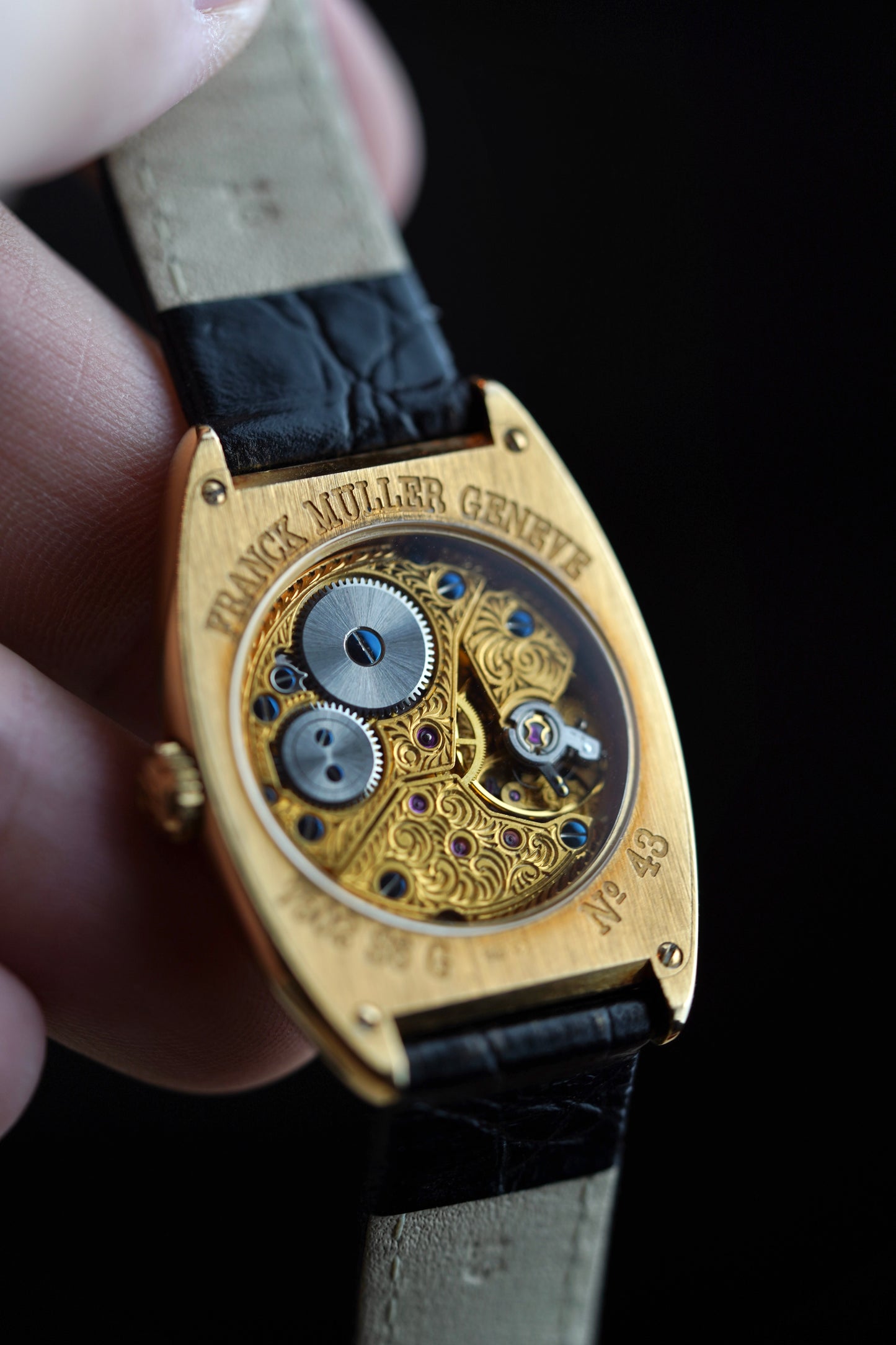1990s Franck Muller Cintree Curvex (7502 S6) open caseback Neo Vintage Watch 18 Carat Gold skeleton