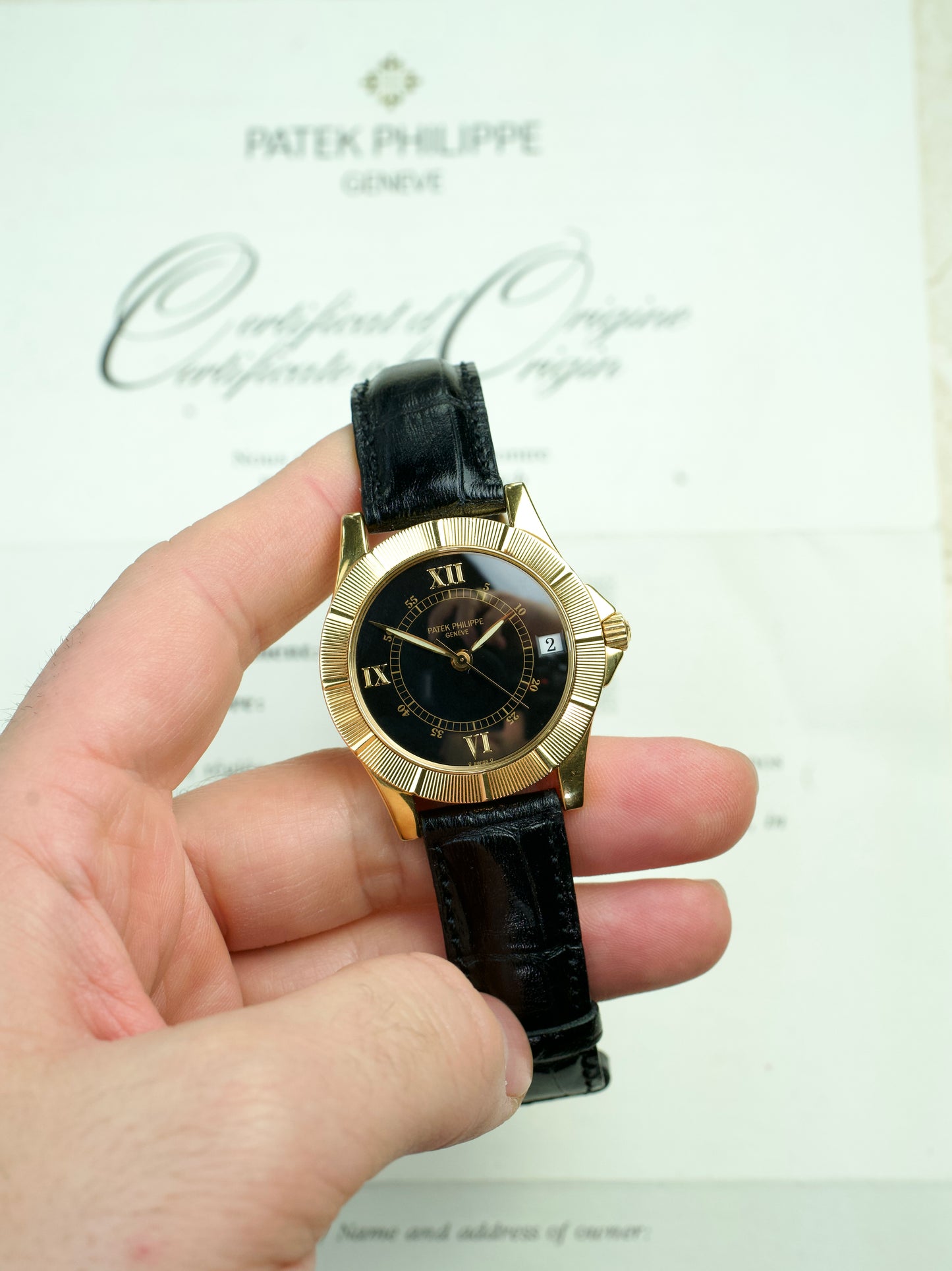 Patek Philippe Neptune 5081j FULL SET Black Sigma 18 Carat Gold Jumbo automatic vintage watch, papers front