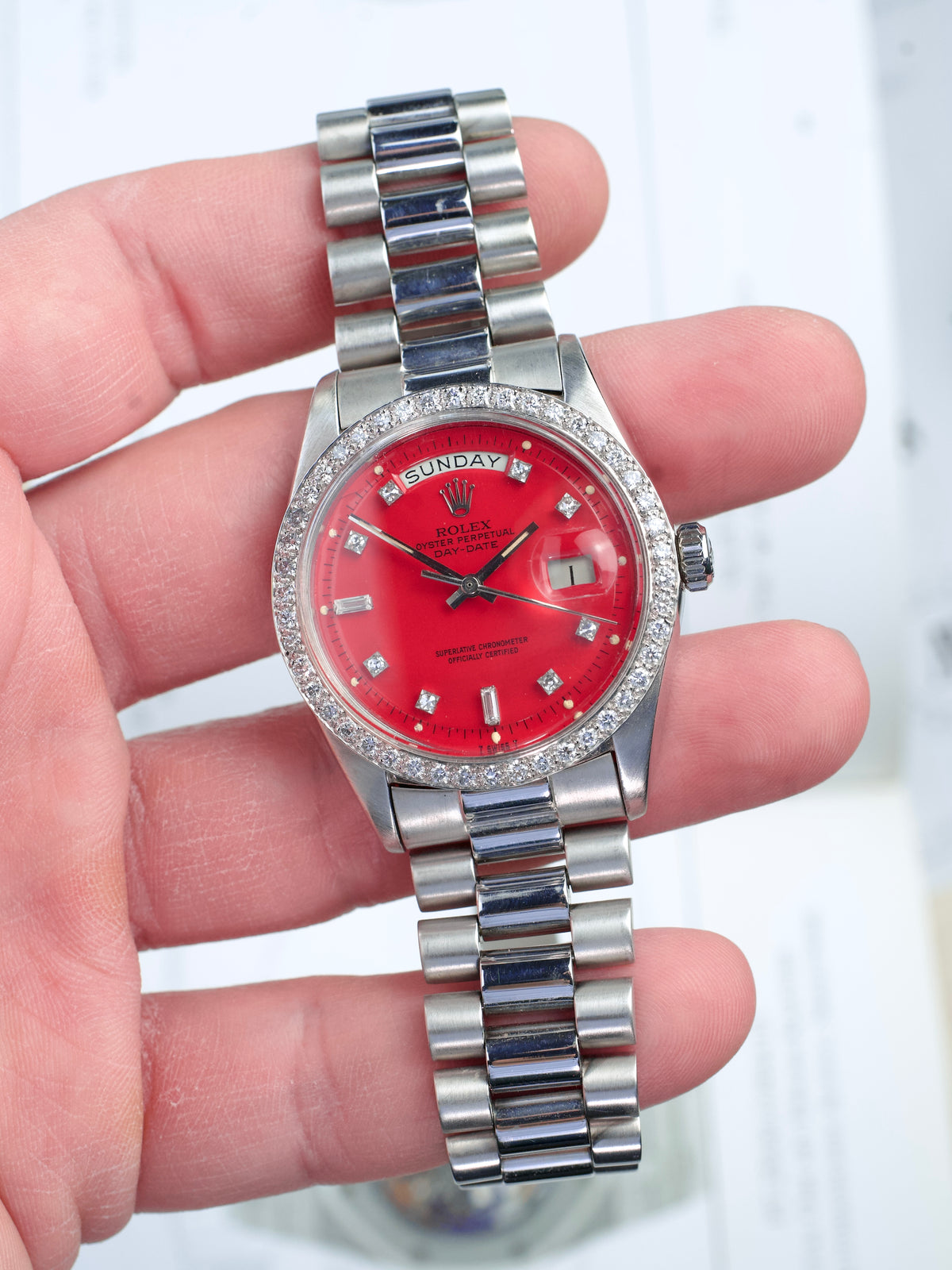 Rolex Day Date 1804 Coral Stella T swiss T white Gold 1970s