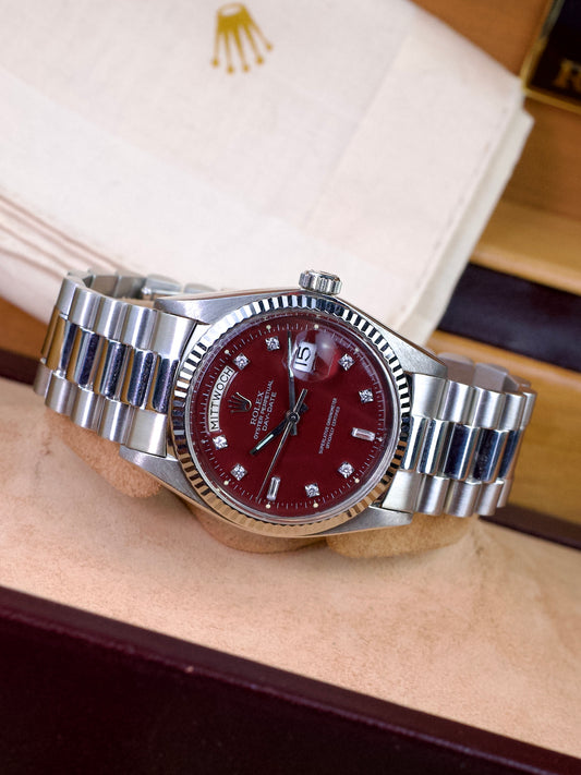 Rolex Day Date 1803 Oxblood Stella T swiss T White script White Gold 1960s
