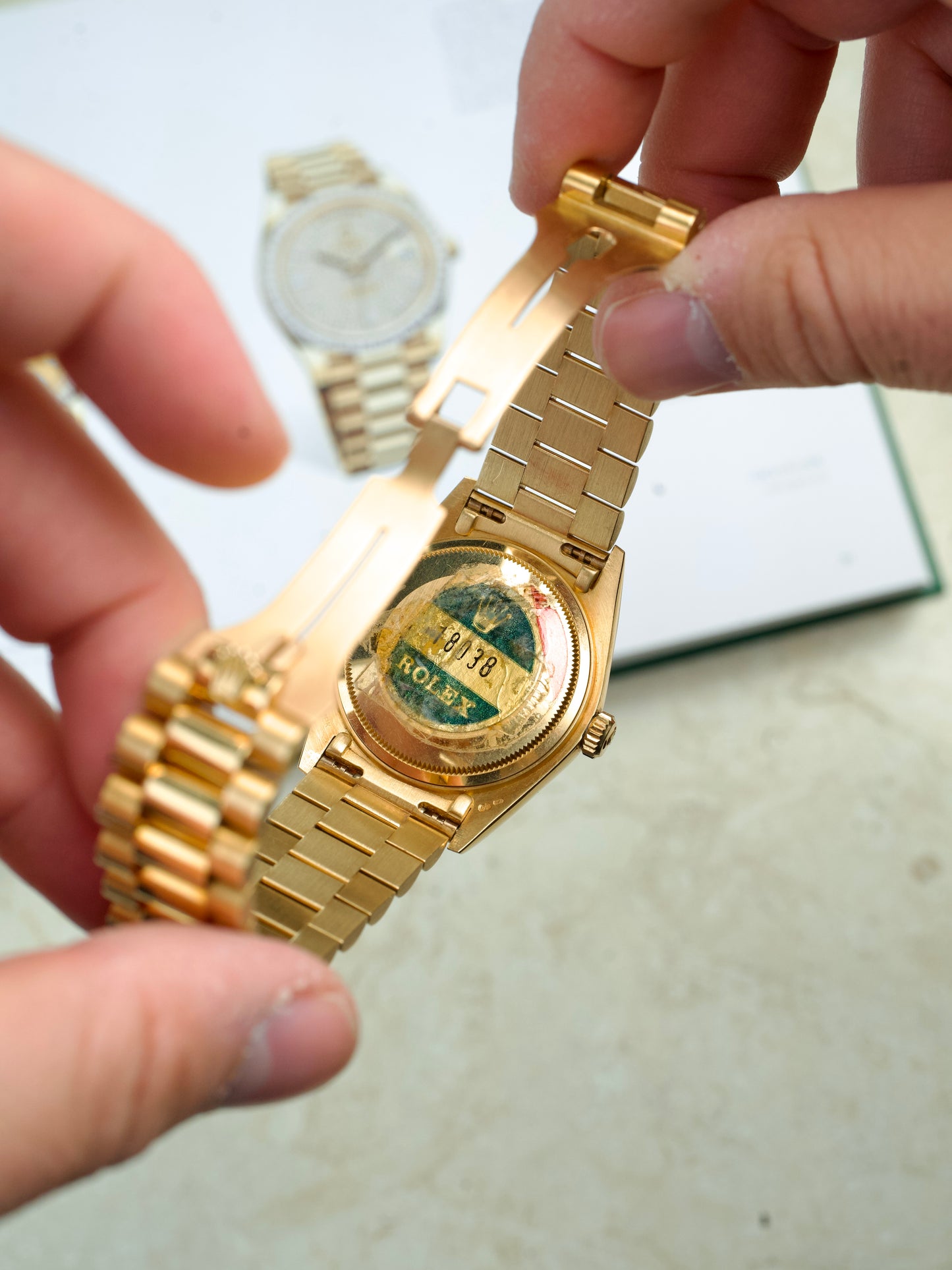 Rolex Day Date 18038 Bloodstone T swiss T Pinball Diamond Stone Dial 18 Carat Gold 1980s