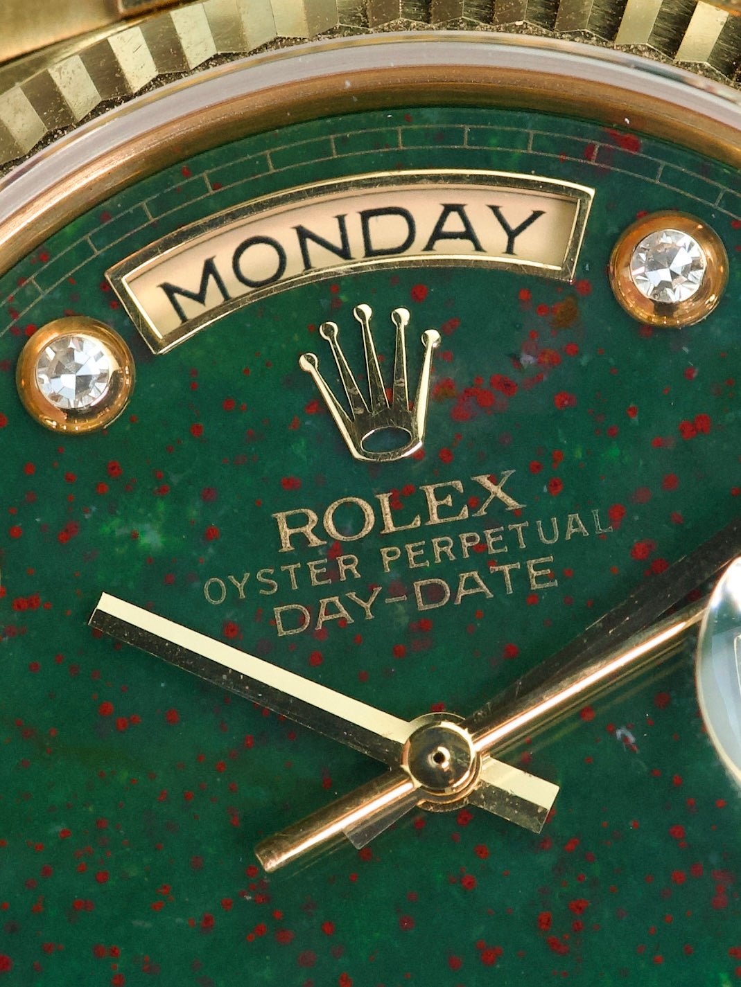 Rolex Day Date 18038 Bloodstone T swiss T Pinball Diamond Stone Dial 18 Carat Gold 1980s