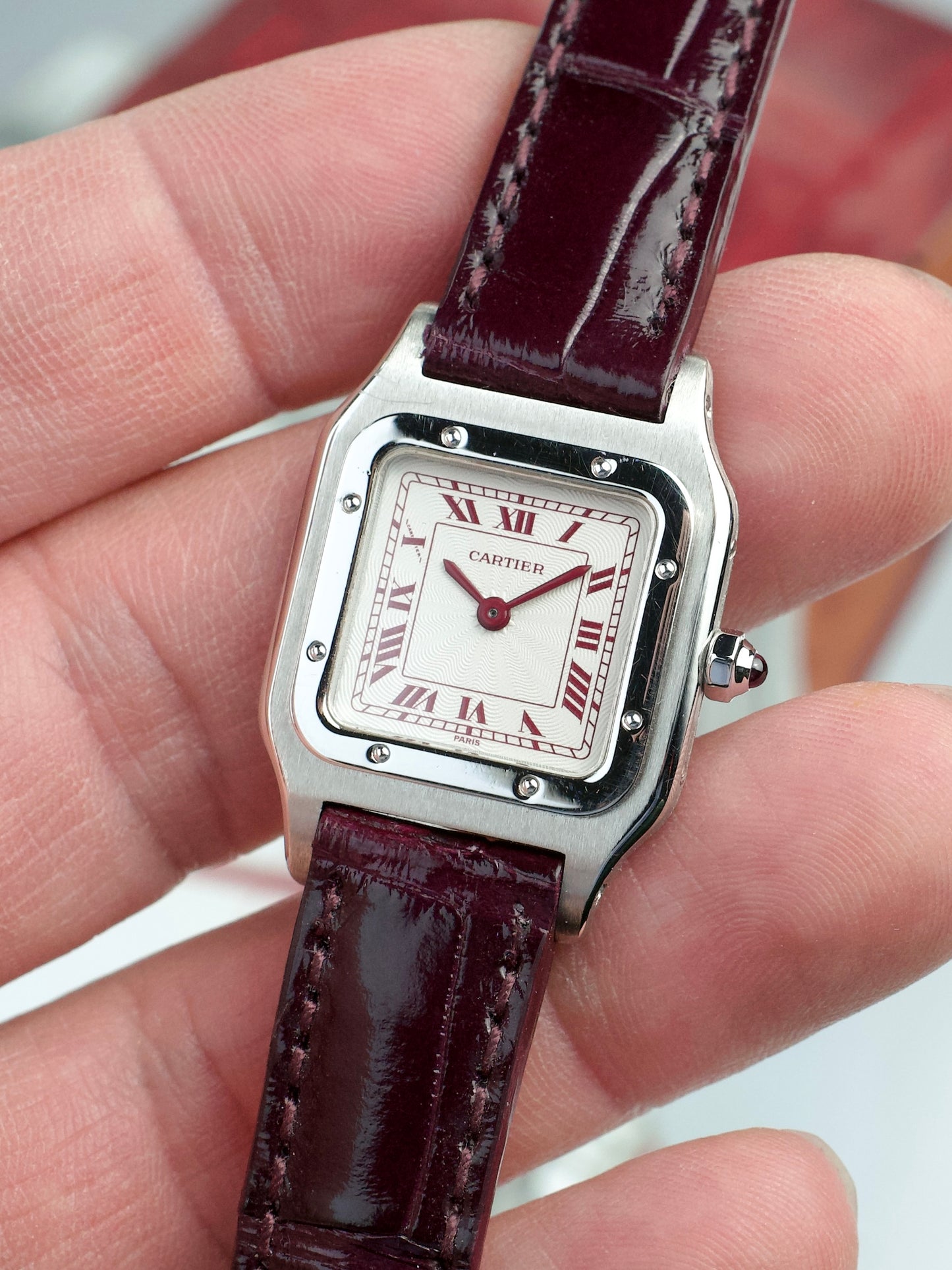 Cartier Rouge Santos Dumont 96053 Paris Platine Red Numerals Extra Plate Platine Platinum 1980s