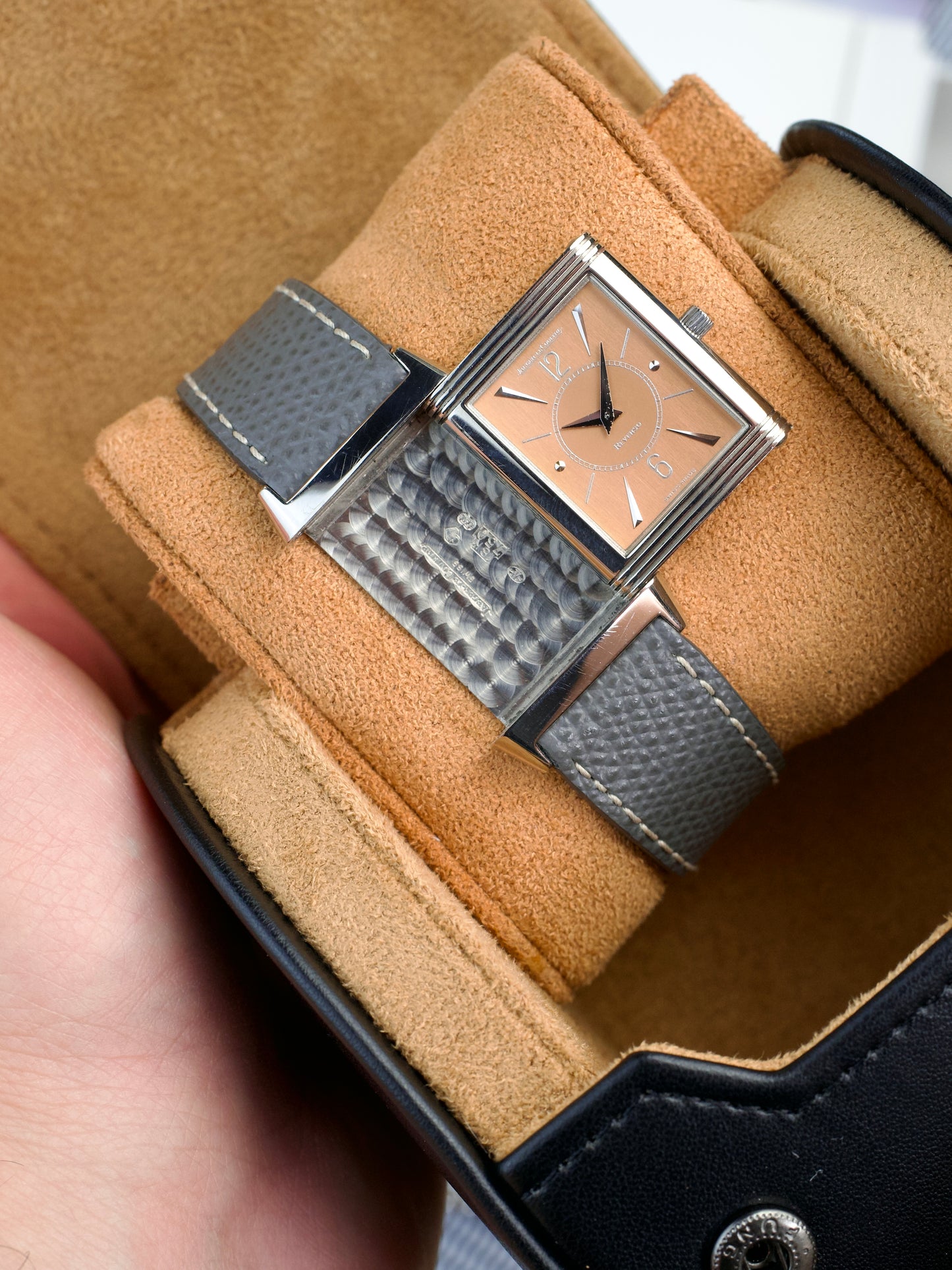 Jaeger LeCoultre Reverso Salmon FULL SET Classique 250.3.86 Art Deco JLC 18 Carat White Gold 2000s