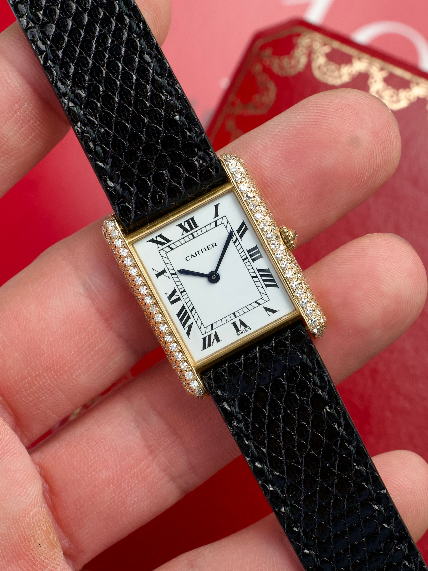 Cartier Tank Louis 81068 Sertissage Factory Diamonds 18 Carat Yellow Gold 1990s