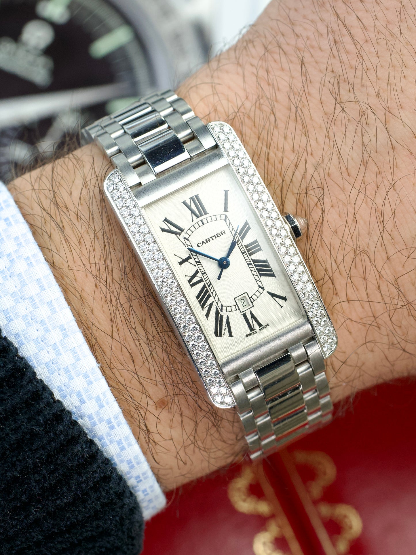Cartier Tank Americaine 2490 Factory Diamonds Guilloche Dial Unpolished 18K White Gold 2000s