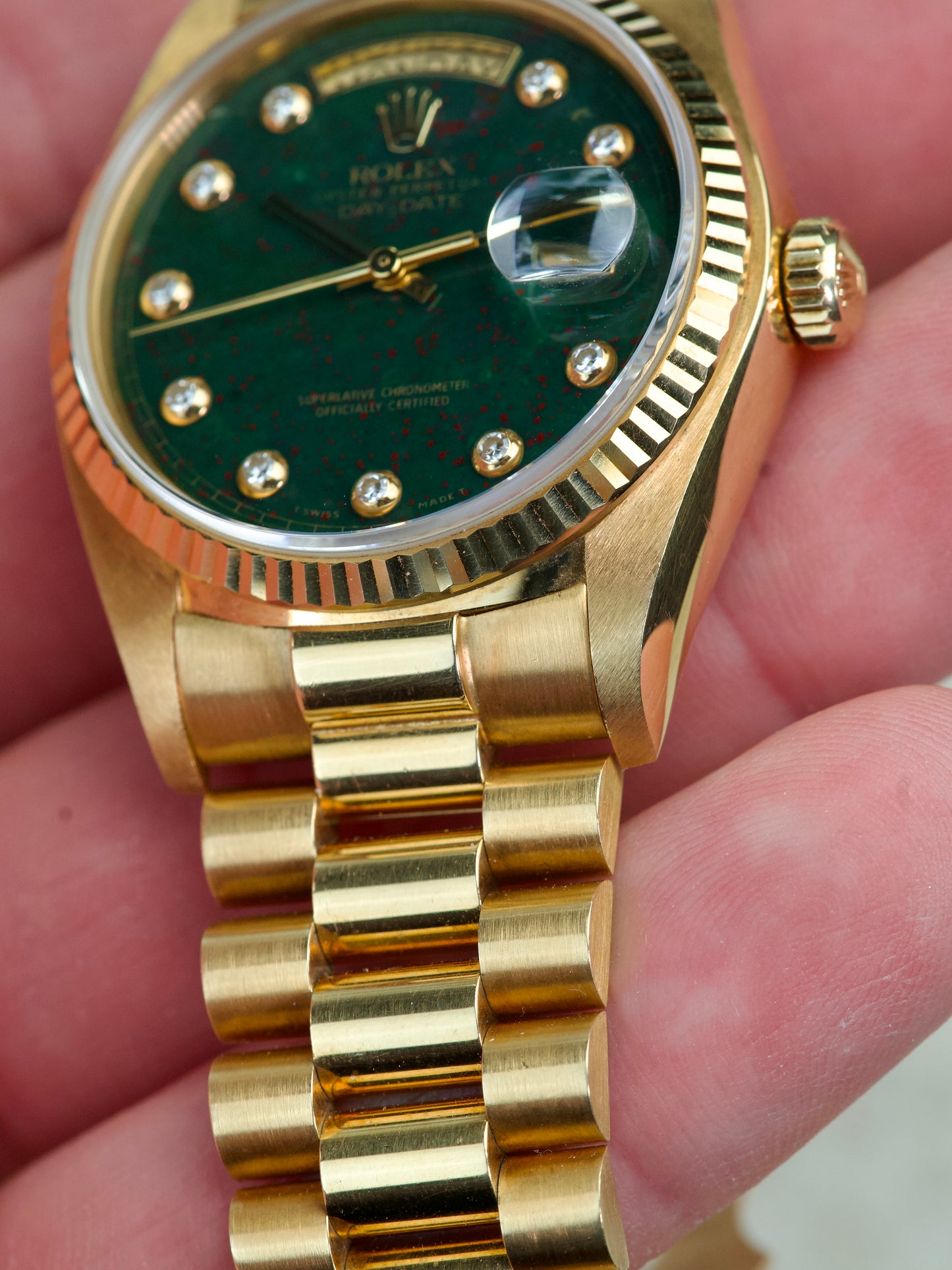 Rolex Day Date 18038 Bloodstone T swiss T Pinball Diamond Stone Dial 18 Carat Gold 1980s