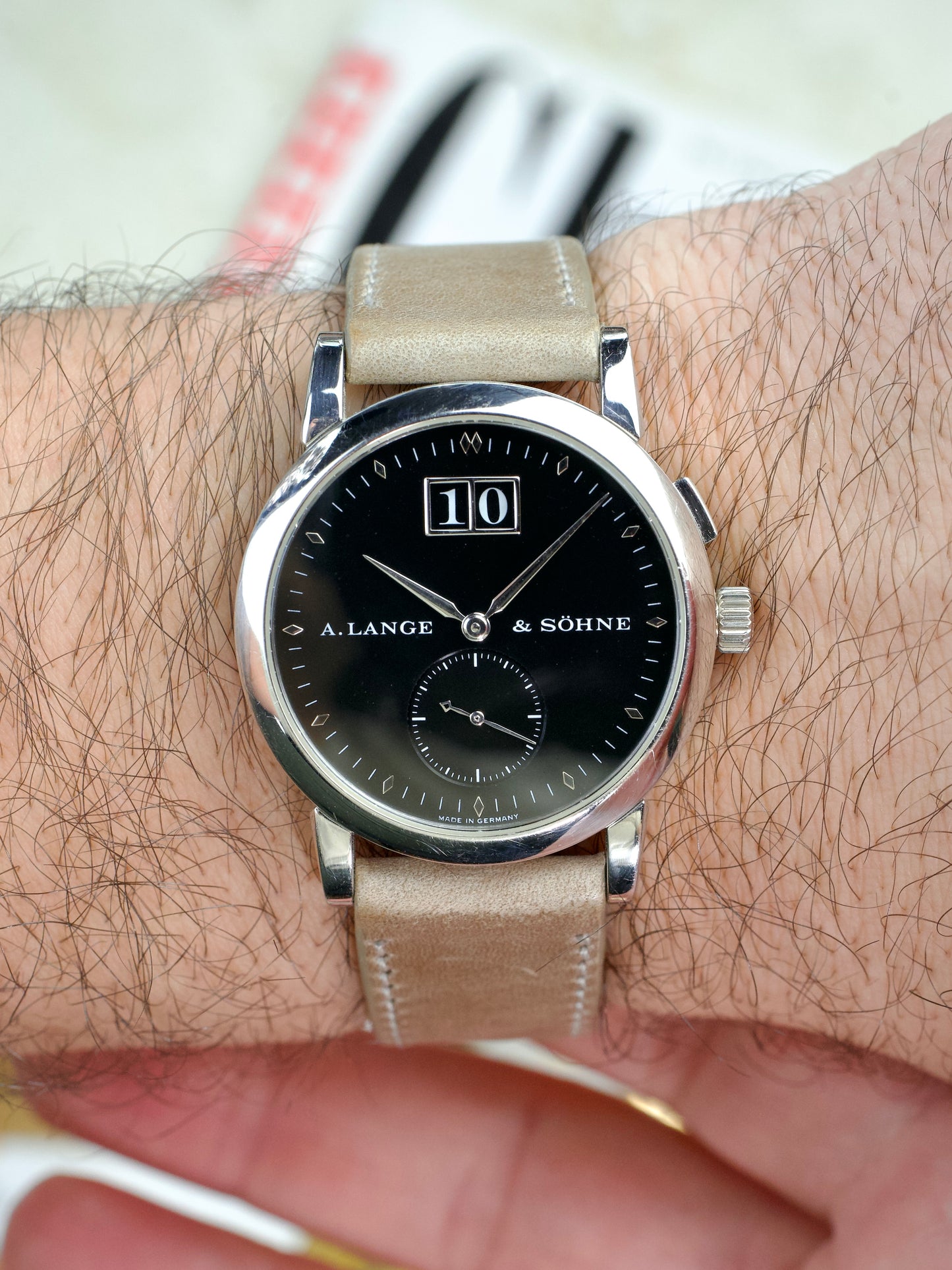 A. Lange Söhne Saxonia 105.035 Darth Junior 950 Platinum investment grade, wrist shot