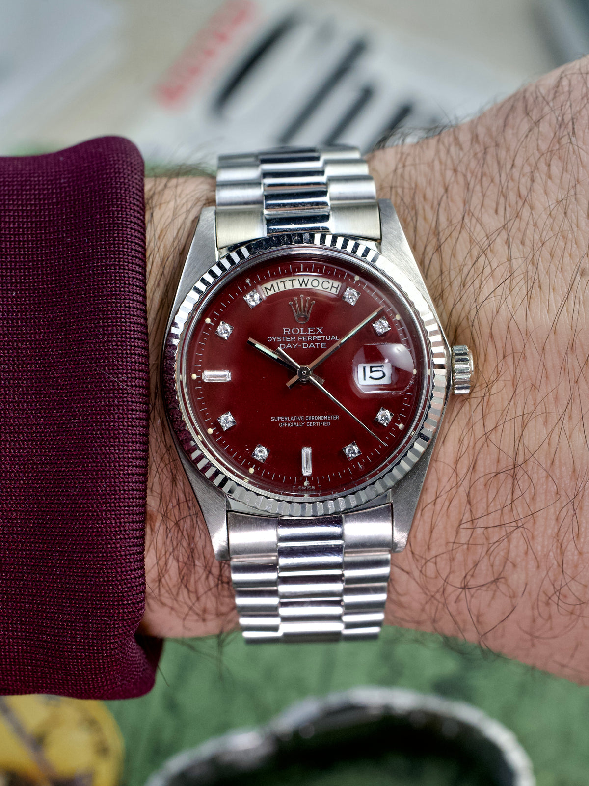 Rolex Day Date 1803 Oxblood Stella T swiss T White script White Gold 1960s