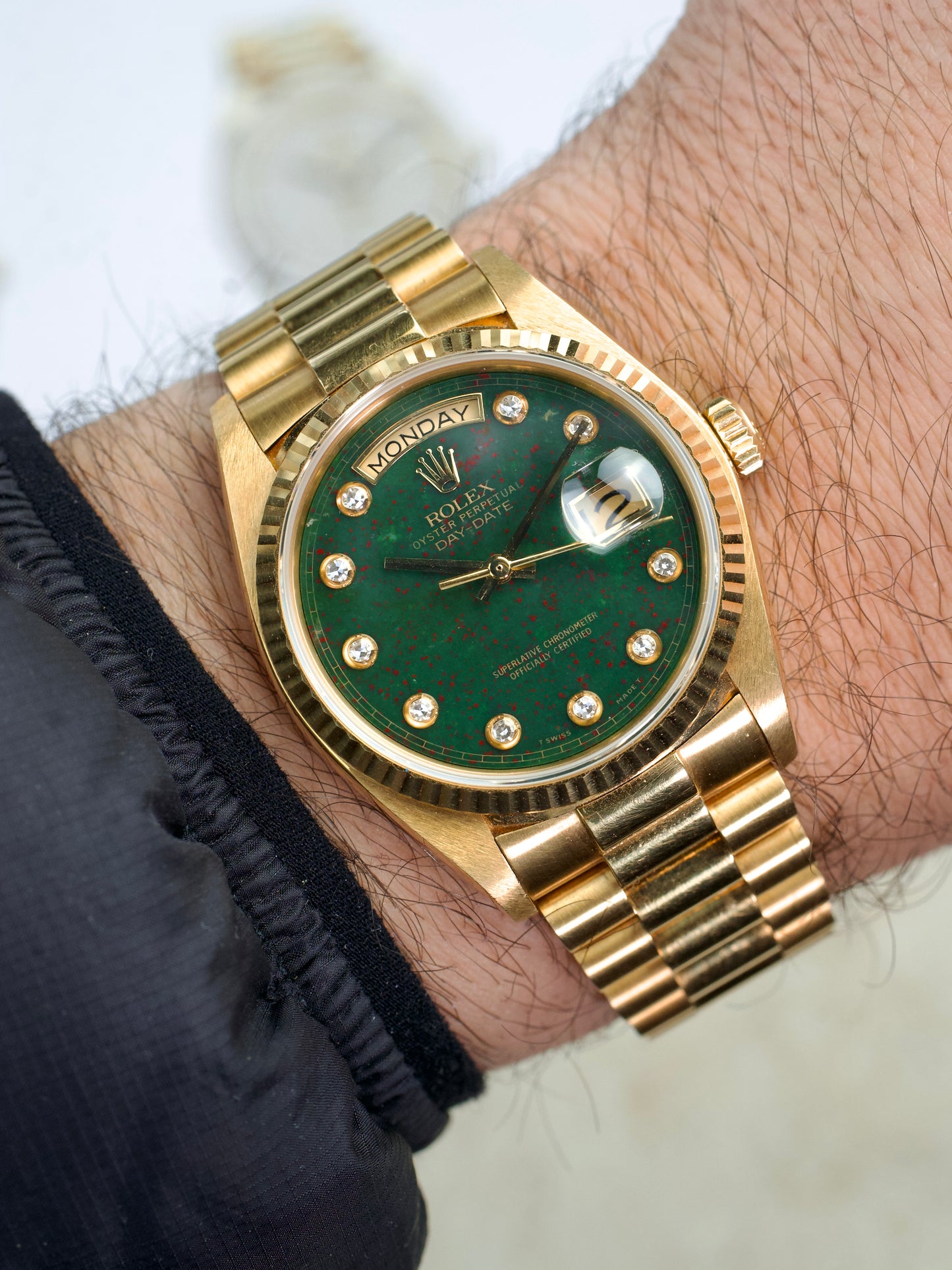 Rolex Day Date 18038 Bloodstone T swiss T Pinball Diamond Stone Dial 18 Carat Gold 1980s