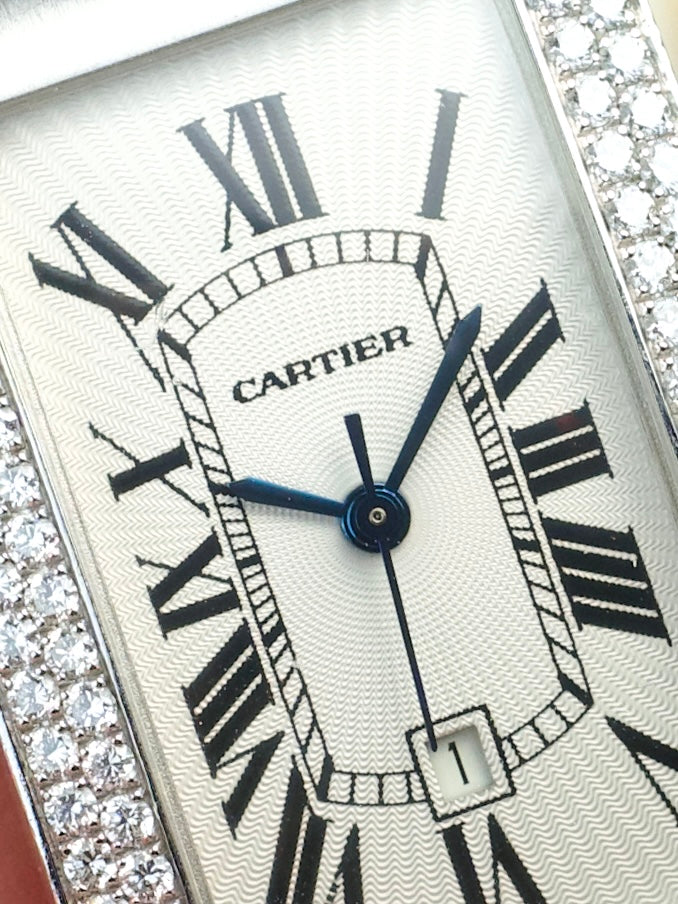 Cartier Tank Americaine 2490 Factory Diamonds Guilloche Dial Unpolished 18K White Gold 2000s