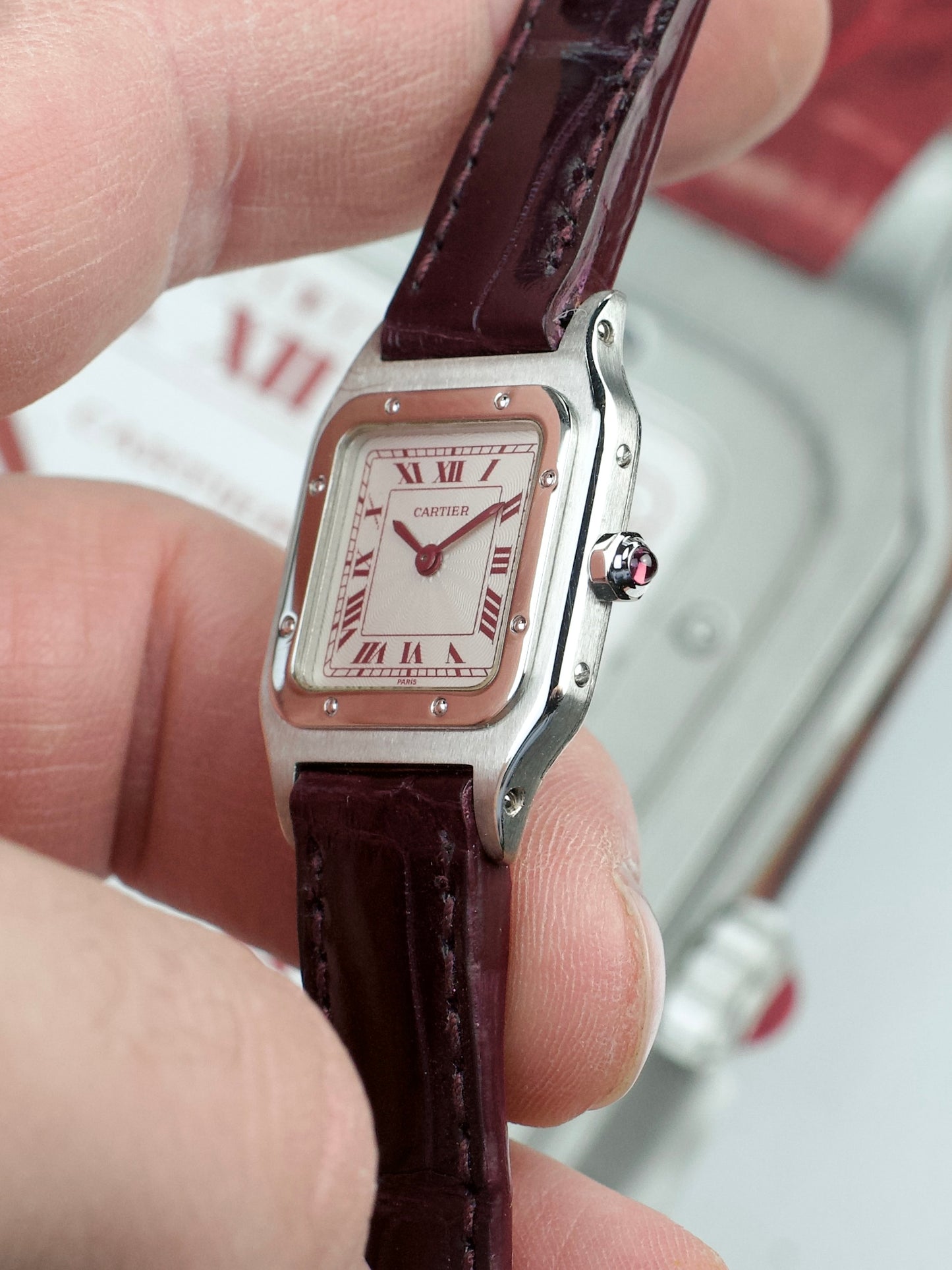 Cartier Rouge Santos Dumont 96053 Paris Platine Red Numerals Extra Plate Platine Platinum 1980s