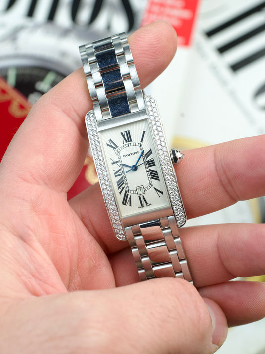 Cartier Tank Americaine 2490 Factory Diamonds Guilloche Dial Unpolished 18K White Gold 2000s