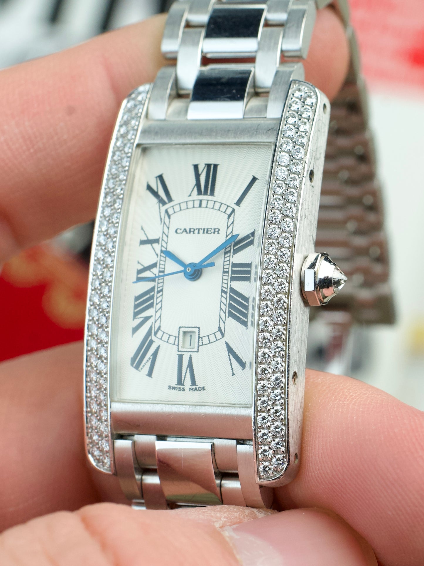 Cartier Tank Americaine 2490 Factory Diamonds Guilloche Dial Unpolished 18K White Gold 2000s