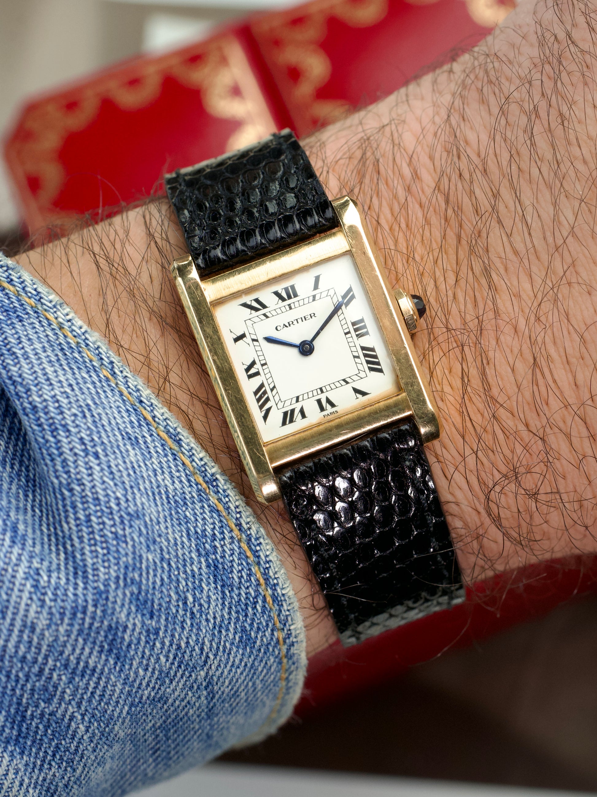 Cartier Tank Normale 78092 Unpolished 18K Yellow Gold 1970s vintage watch, wrist shot