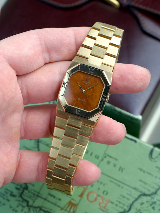 Rolex Cellini Octagon 4350 Burl Wood Dial 18 Carat Yellow Gold 1970s