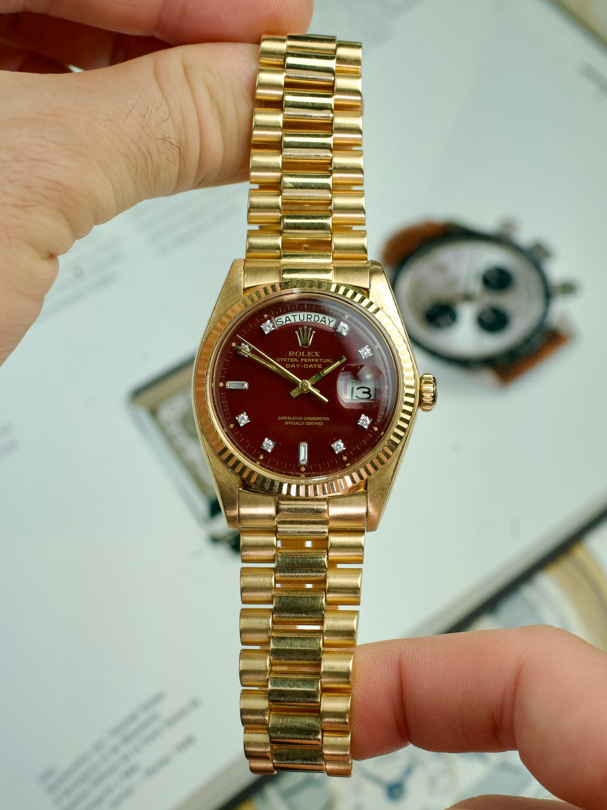 Rolex Day Date 1803 Oxblood Stella T swiss T Yellow Gold 1970s