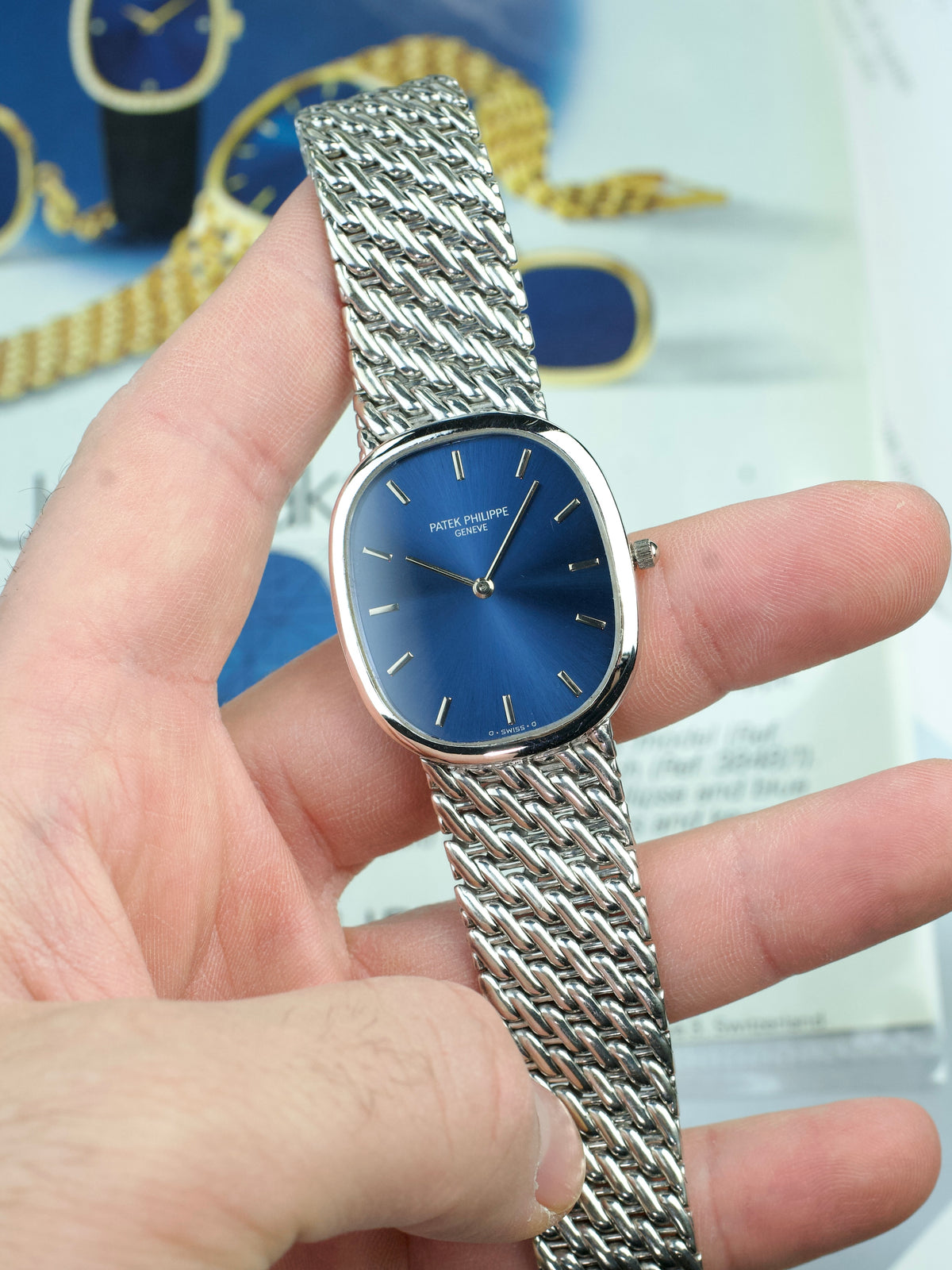 Patek Philippe Ellipse 3738 Blue Sunburst Sigma 18 Carat White Gold Jumbo automatic 1990s