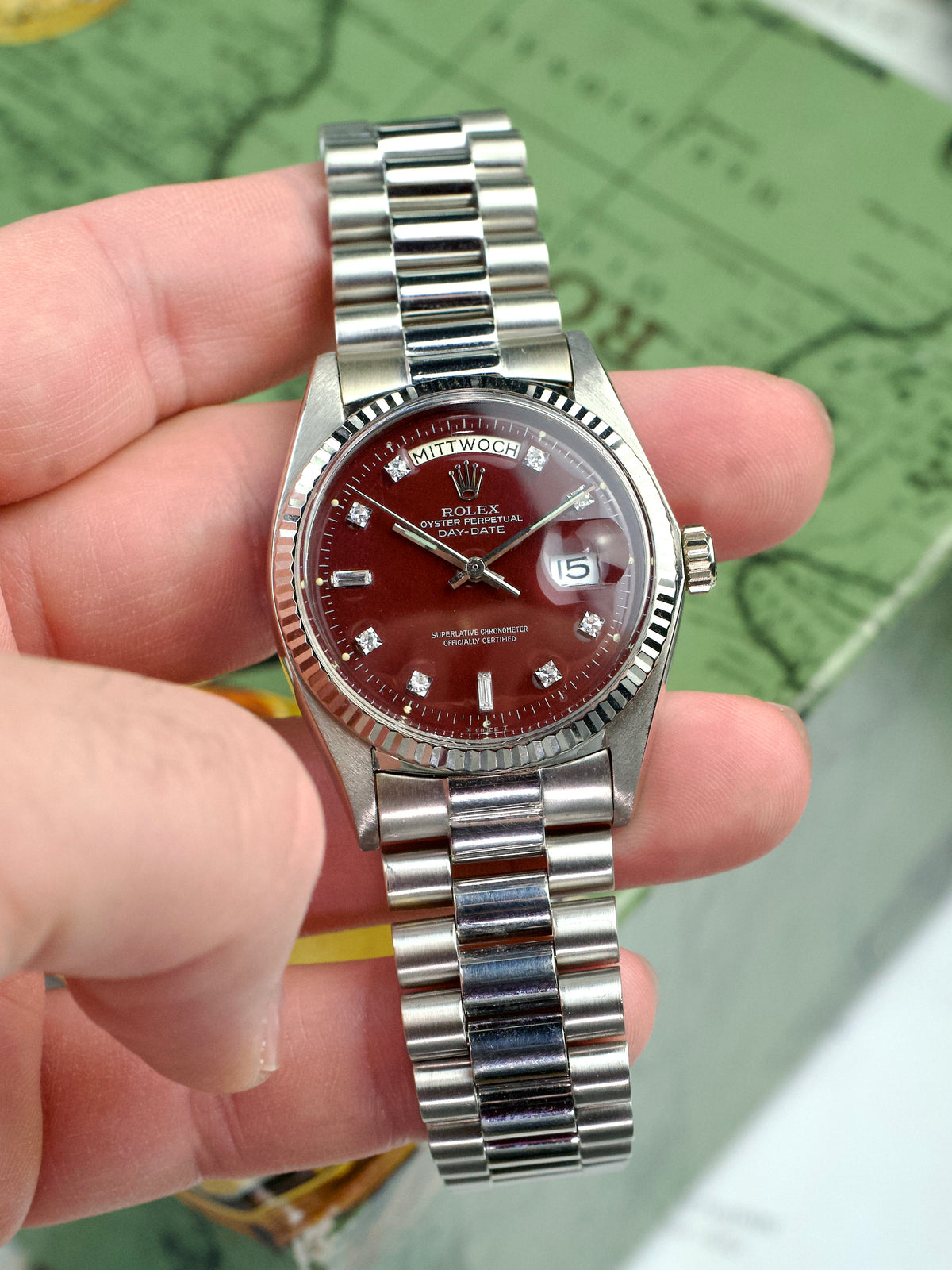 Rolex Day Date 1803 Oxblood Stella T swiss T White script White Gold 1960s