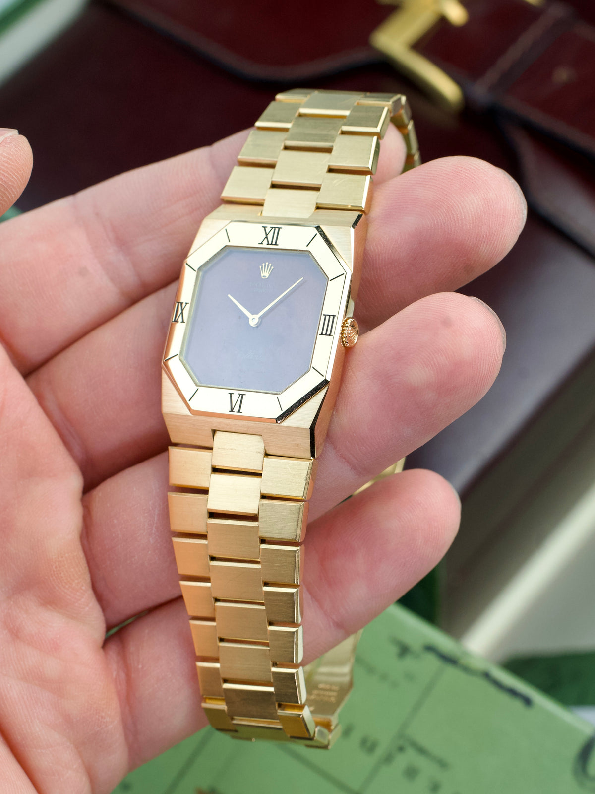 Rolex Cellini Octagon 4350 Burl Wood Dial 18 Carat Yellow Gold 1970s