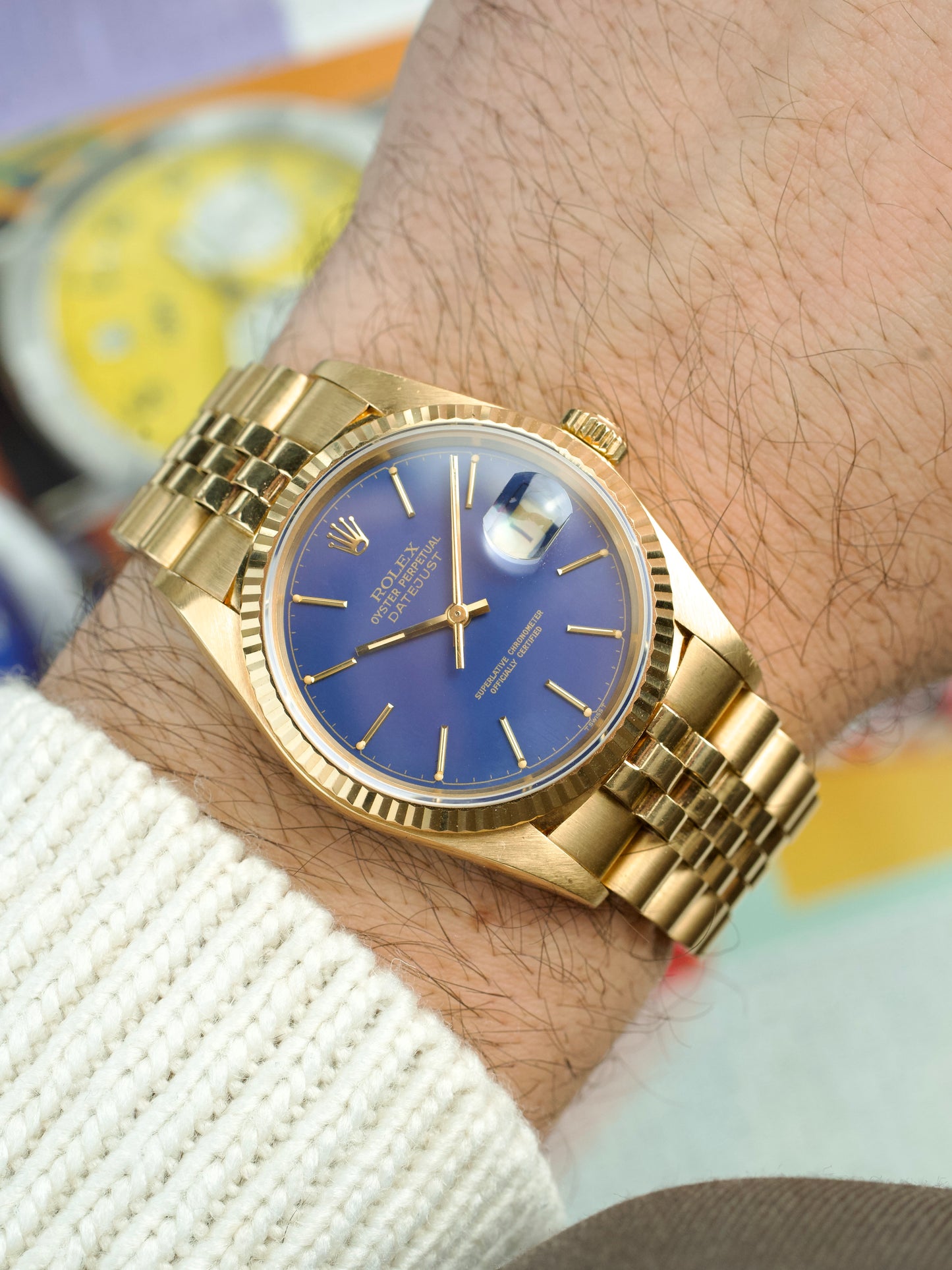 Rolex Datejust 16018 18 carat gold blue dial 1980s vintage watch, wrist shot