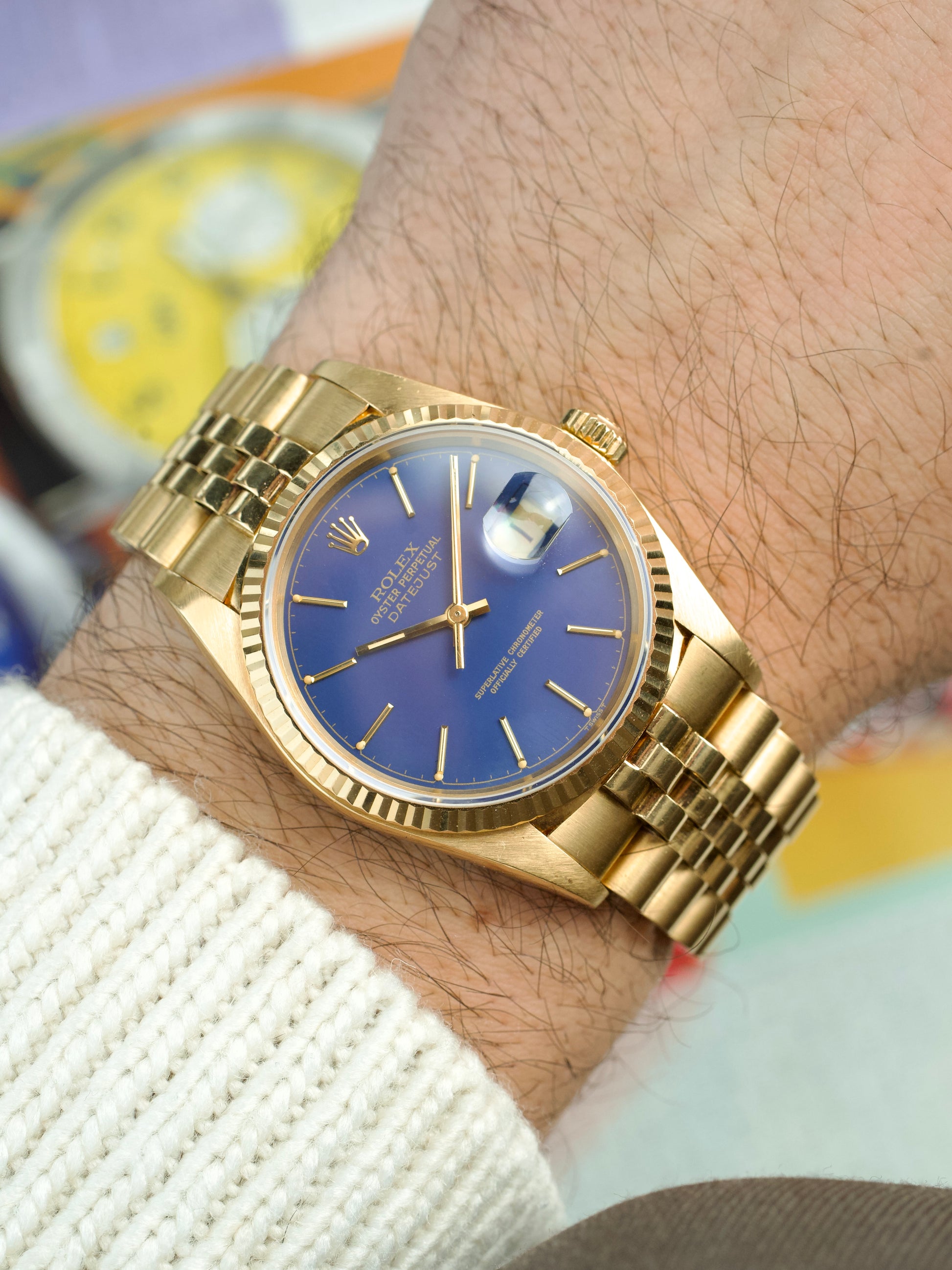 Rolex Datejust 16018 18 carat gold blue dial 1980s vintage watch, wrist shot