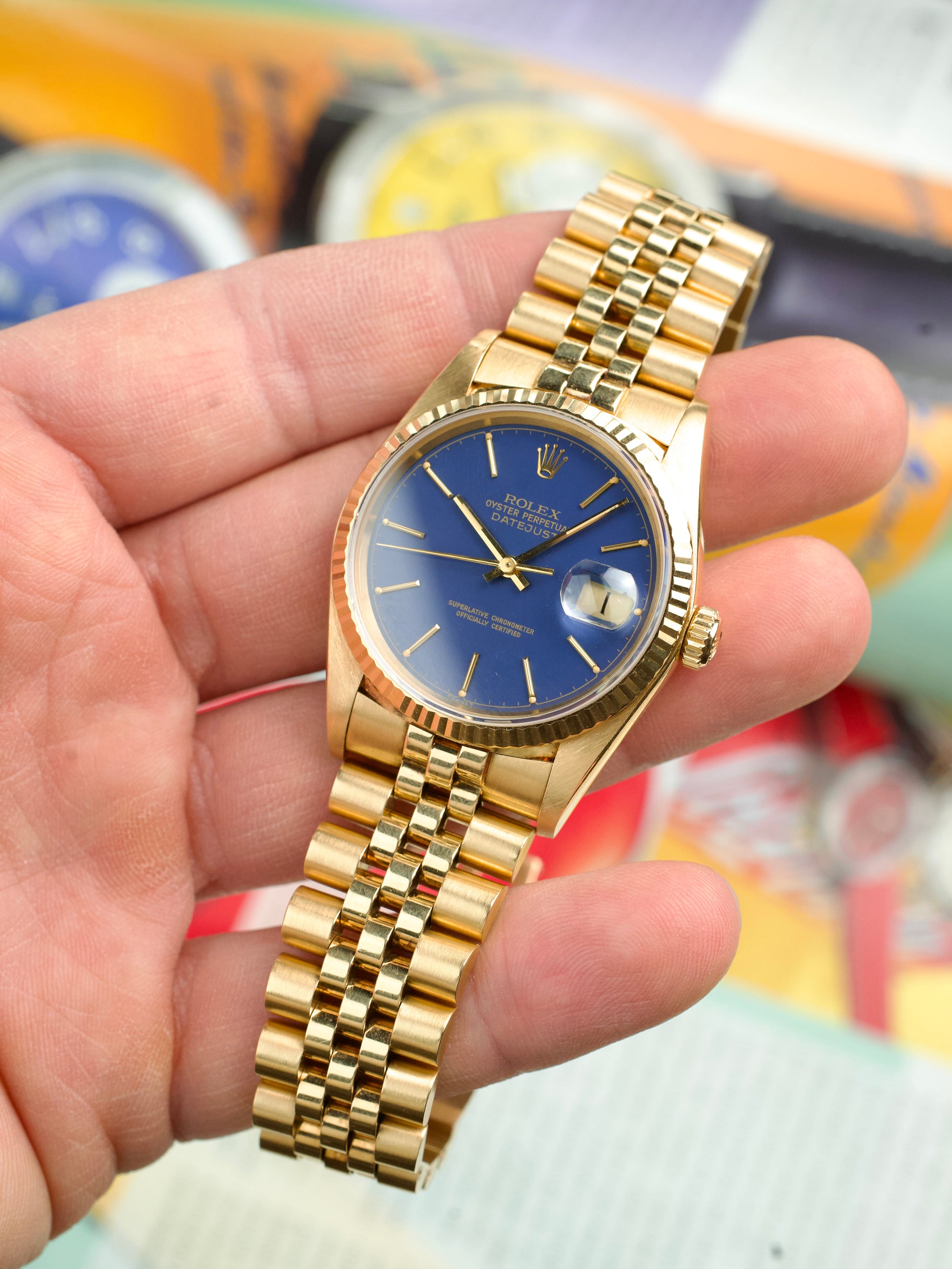 Rolex Datejust 16018 18 carat gold blue vintage dial 1980s, front
