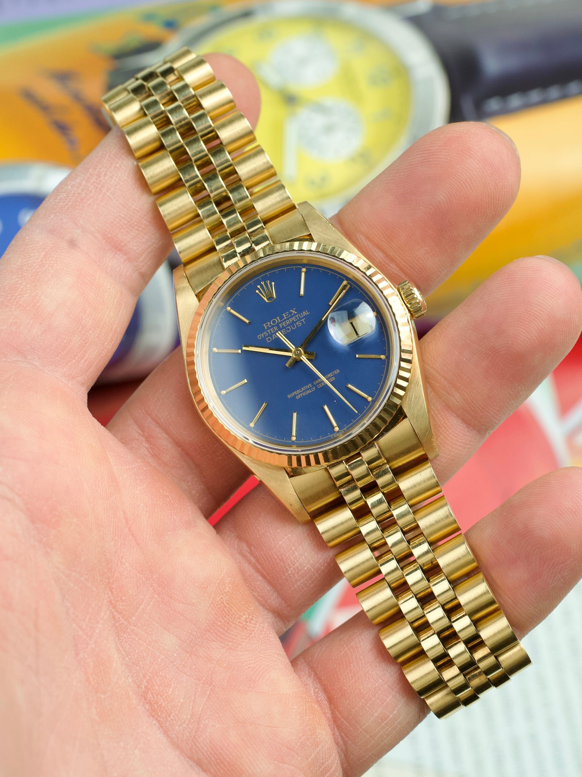 Rolex Datejust 16018 18 carat gold blue dial investment grade, front