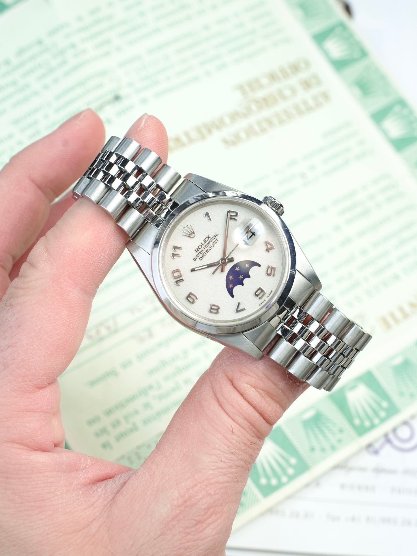 Rolex Datejust 16200 Marcello Comezzi Fasi Luna Moon phase Special Edition FULL Set 1980s vintage watch, front