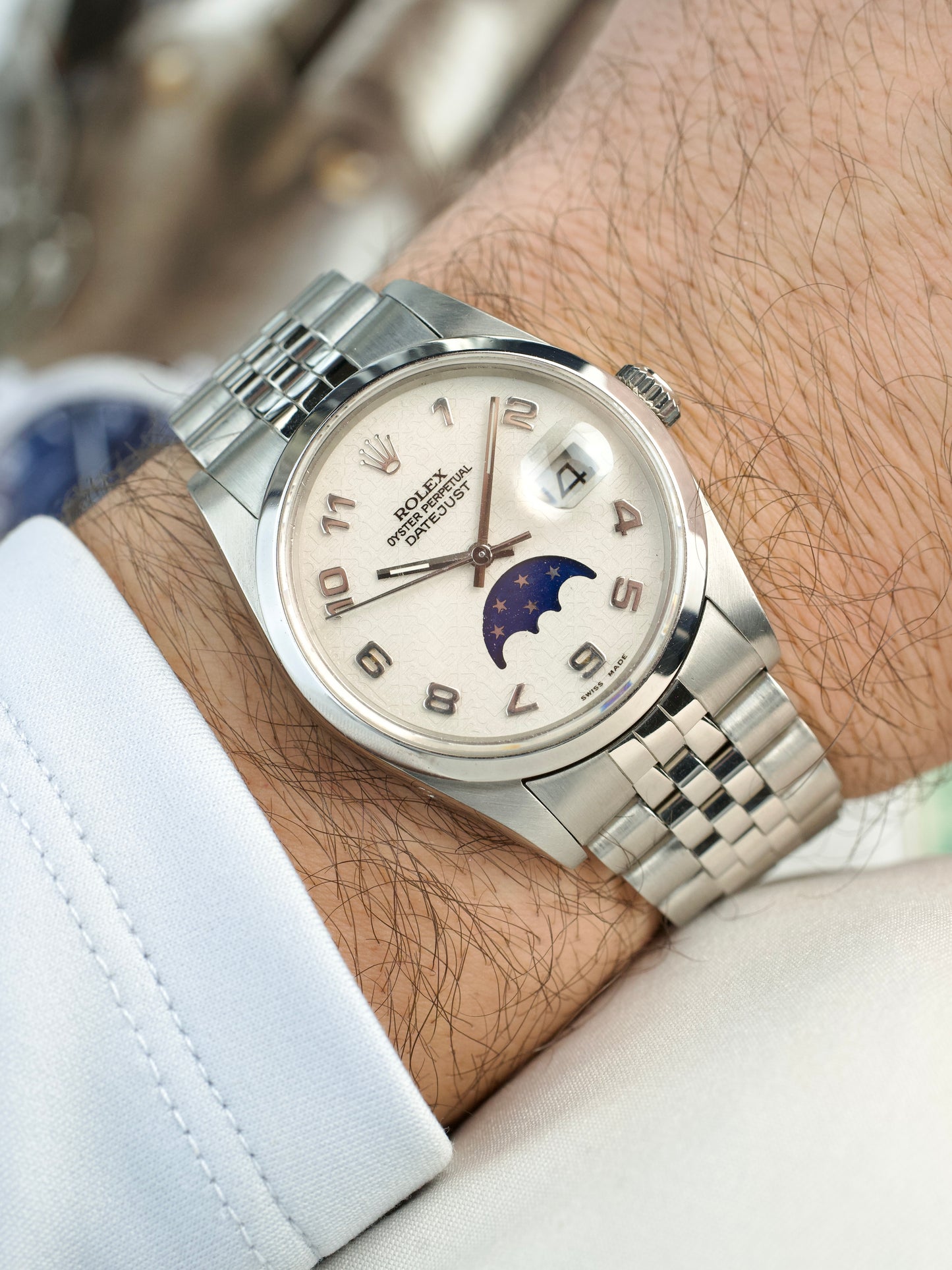 Rolex Datejust 16200 Marcello Comezzi Fasi Luna Moon phase Special Edition FULL Set 1980s vintage, wrist shot