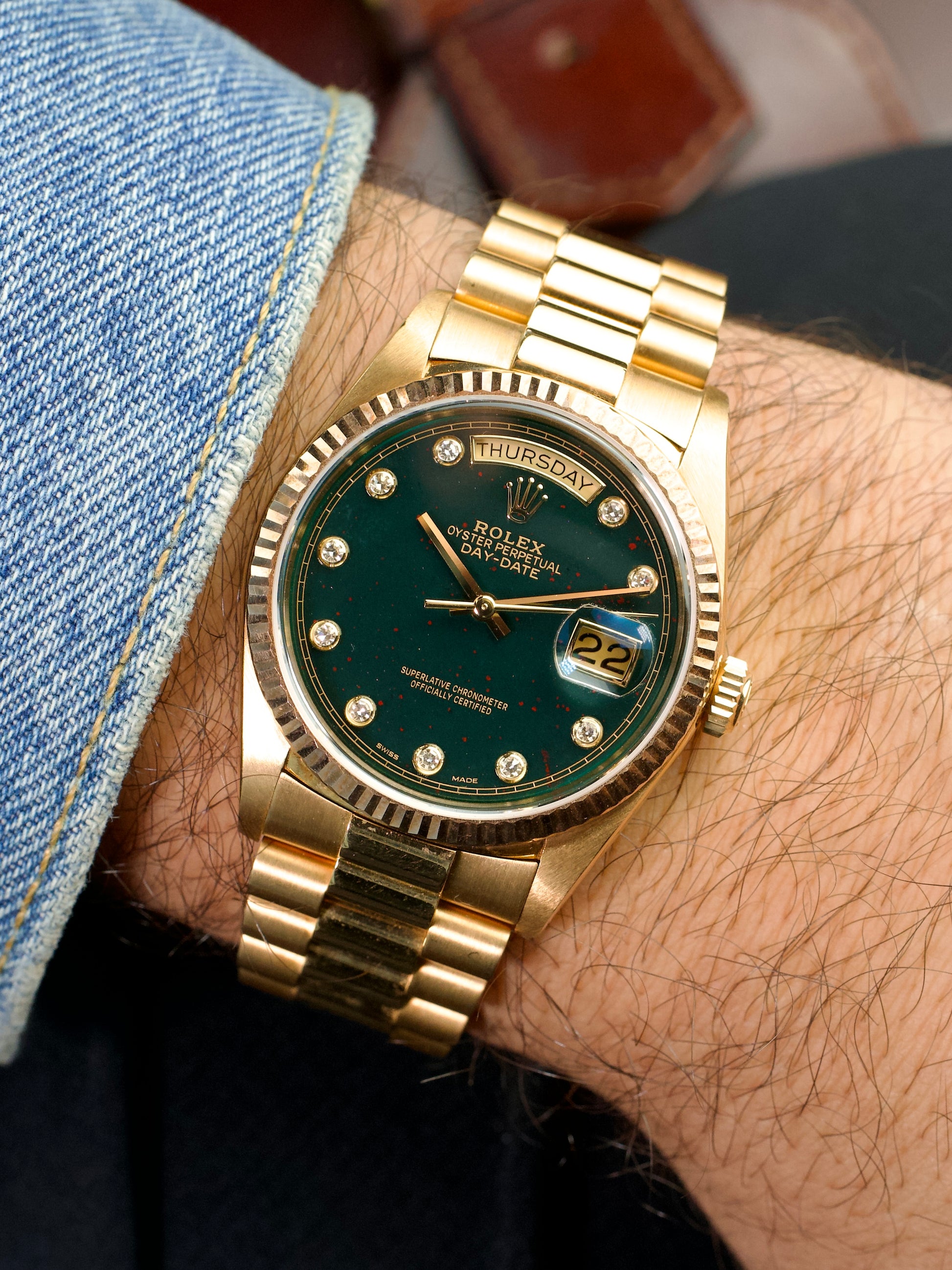 Rolex Day Date 18038 Bloodstone Pinball luxury watch, wrist shot